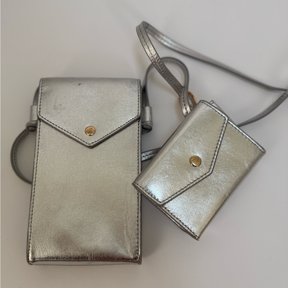 J Crew Leather Silver Phone and Card Holder Set